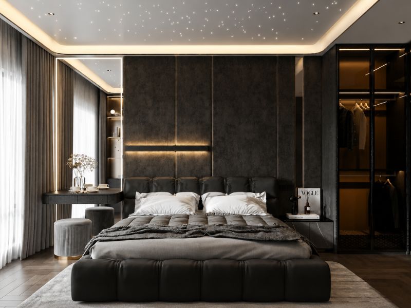 thiết kế nội thất chung cư penthouse phòng ngủ master tông tối sang trọng 