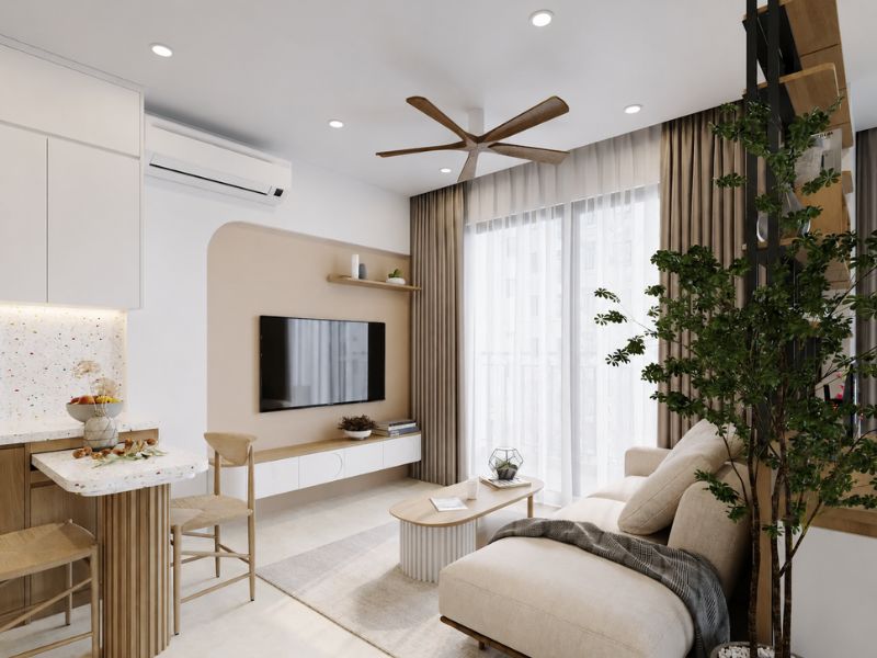 thiết kế nội thất chung cư Wabi Sabi phòng khách tối giản tự nhiên 