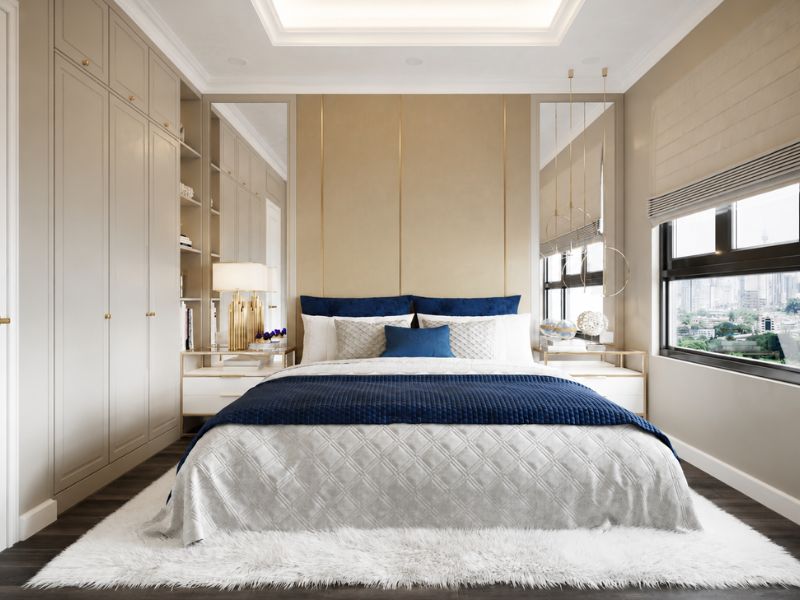  thiết kế nội thất chung cư phòng ngủ chính 85m2 tông xanh navy sang trọng