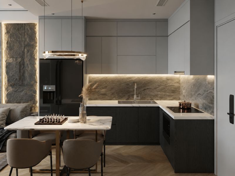 thiết kế nội thất khu bếp căn hộ chung cư 45m2 hiện đại 