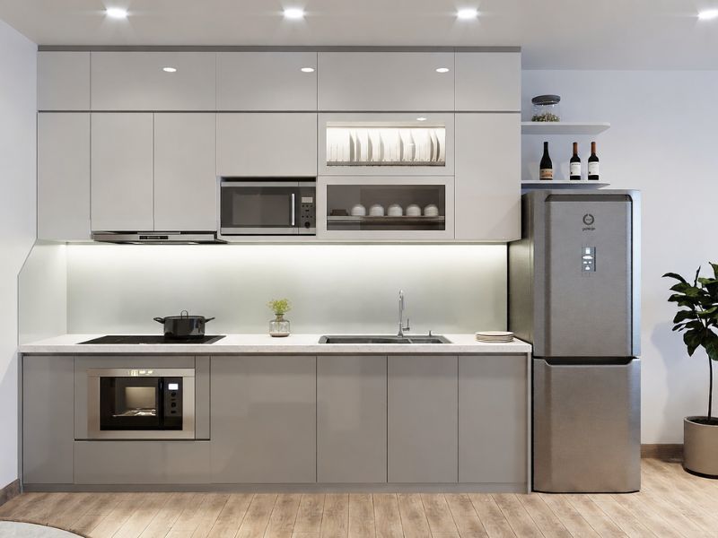 thiết kế nội thất khu bếp căn hộ chung cư 55m2 hiện đại
