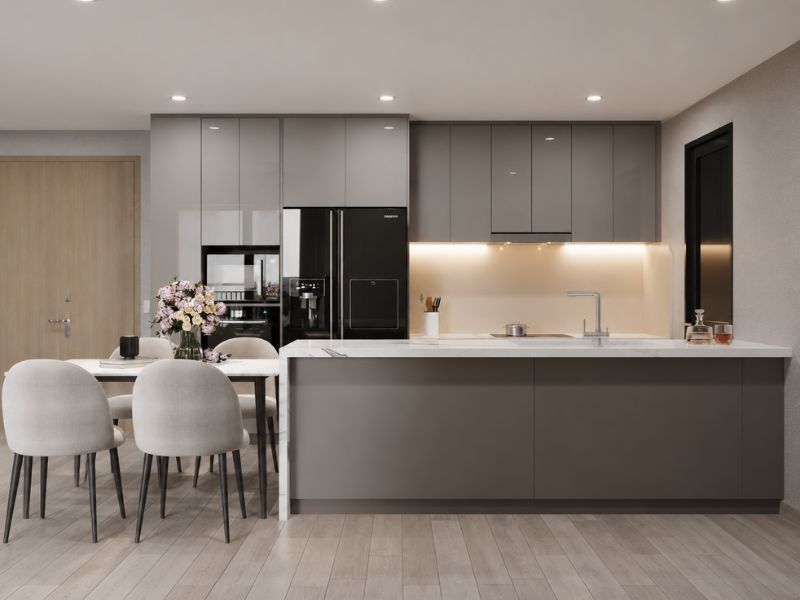 thiết kế nội thất căn hộ chung cư 90m2 đảo bếp và bàn ăn hiện đại sang trọng