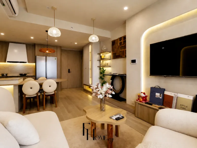 Thiết kế nội thất phòng khách liền bếp phong cách Wabi Sabi tại Lumiere Boulevard