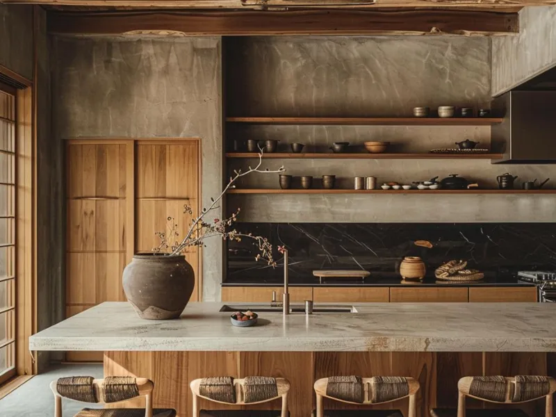 Thiết kế nội thất phòng bếp phong cách Wabi Sabi với kệ mở bê tông