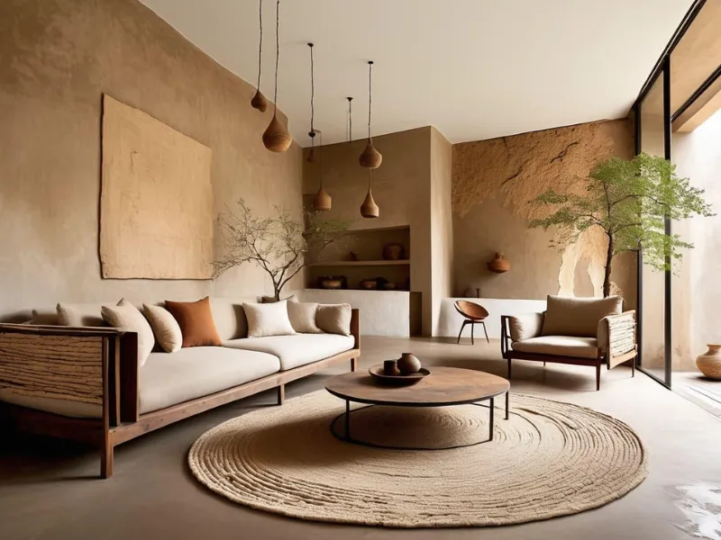 Thiết kế nội thất phòng khách phong cách Wabi Sabi với cụm đèn thả gốm