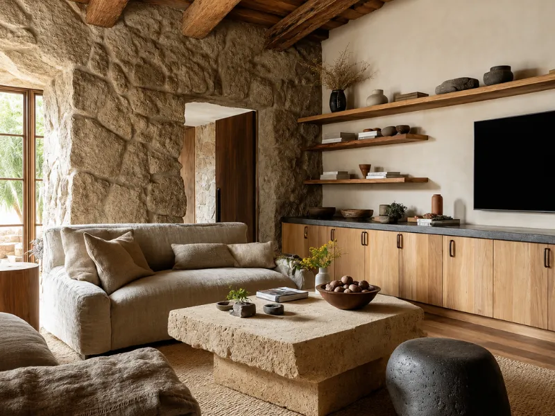 Thiết kế nội thất phòng khách phong cách Wabi Sabi với tường đá tự nhiên