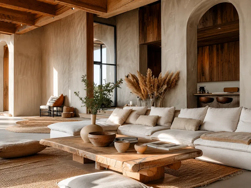 Thiết kế nội thất phòng khách phong cách Wabi Sabi với vòm cửa thông bếp