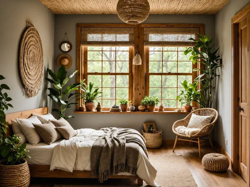 Thiết kế nội thất phòng ngủ phong cách Wabi Sabi với cây xanh cửa sổ