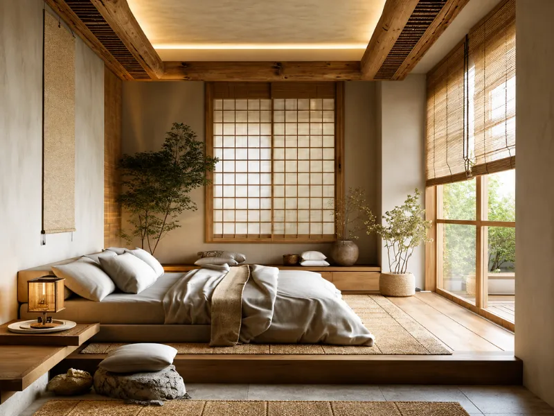 Thiết kế nội thất phòng ngủ phong cách Wabi Sabi với cửa lưới kiểu Nhật