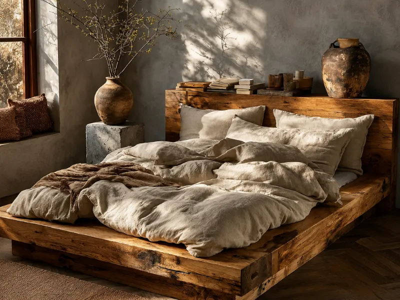 Thiết kế nội thất phòng ngủ phong cách Wabi Sabi với giường gỗ tấm dày