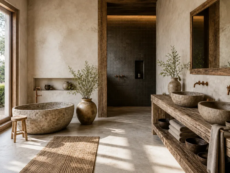 Nội thất phòng tắm phong cách Wabi Sabi với bồn rửa đôi bằng đá
