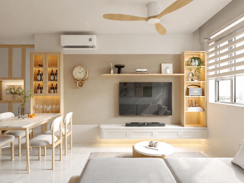 thiết kế nội thất phòng khách căn hộ 75m2 sofa góc sang trọng