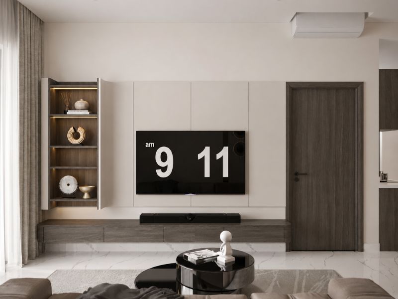 thiết kế nội thất chung cư căn hộ 80m2 phòng khách tivi kệ trang trí gỗ hiện đại