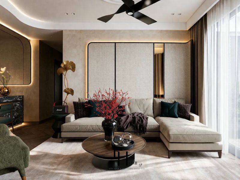 thiết kế nội thất phòng khách căn hộ 80m2 sang trọng hiện đại