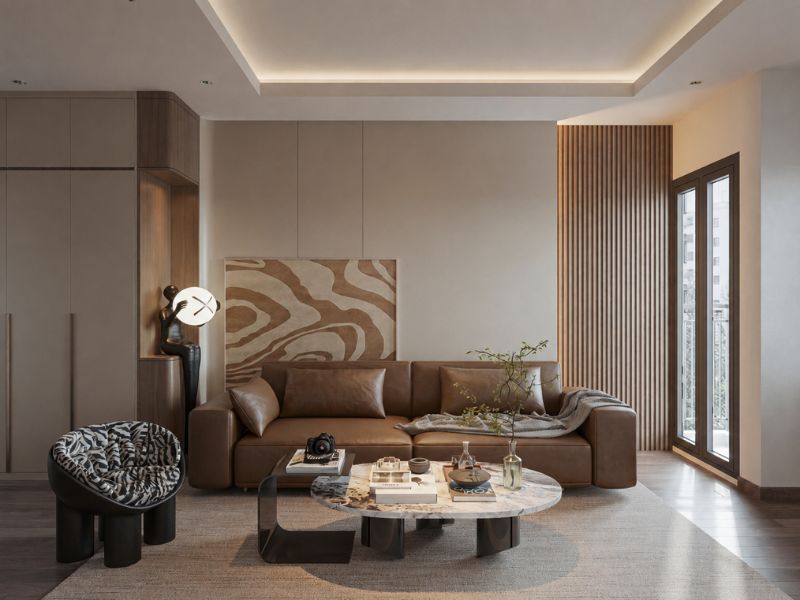 thiết kế nội thất phòng khách chung cư 43m2 hiện đại tối giản