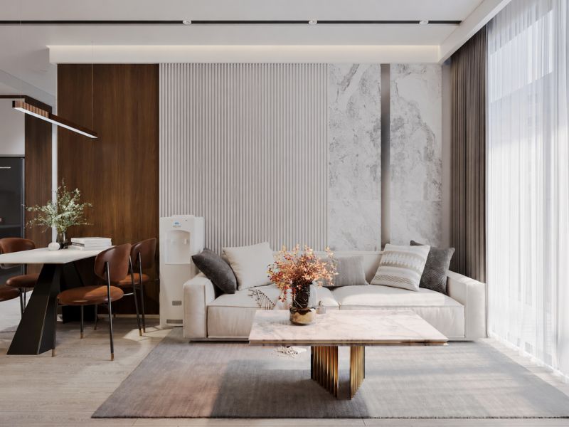 thiết kế nội thất phòng khách chung cư 75m2 hiện đại sang trọng