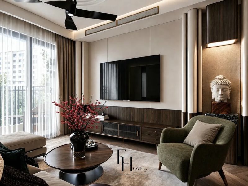 thiết kế nội thất phòng khách chung cư 80m2 tivi kệ trang trí hiện đại