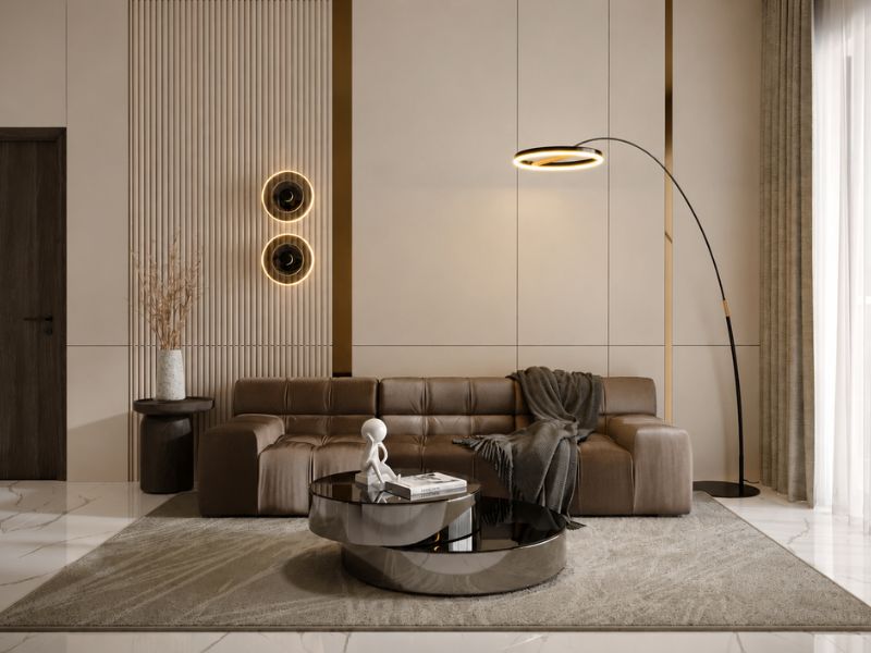 thiết kế nội thất phòng khách chung cư 80m2 sofa nâu sang trọng