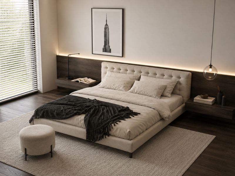 thiết kế nội thất phòng ngủ căn hộ chung cư 140m2 có bàn làm việc hiện đại 