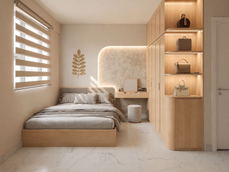 thiết kế nội thất phòng ngủ chính căn hộ 75m2 hiện đại ấm áp