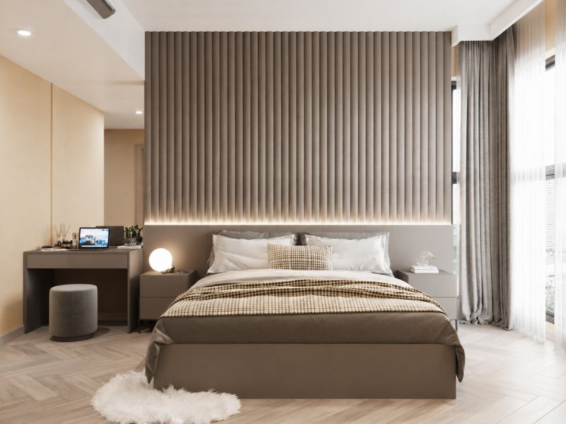 thiết kế nội thất phòng ngủ chính căn hộ 90m2 vách gỗ hiện đại