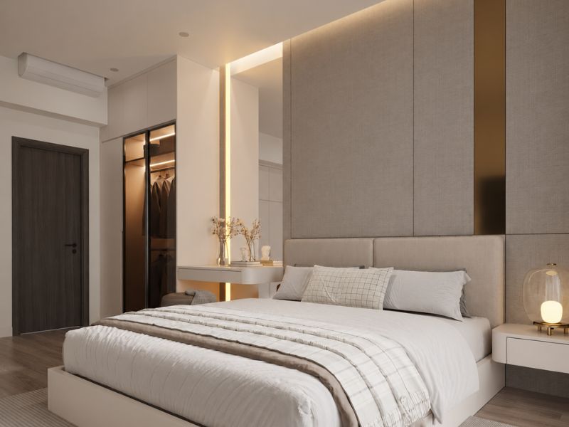 thiết kế nội thất phòng ngủ chính chung cư 80m2 tông be hiện đại