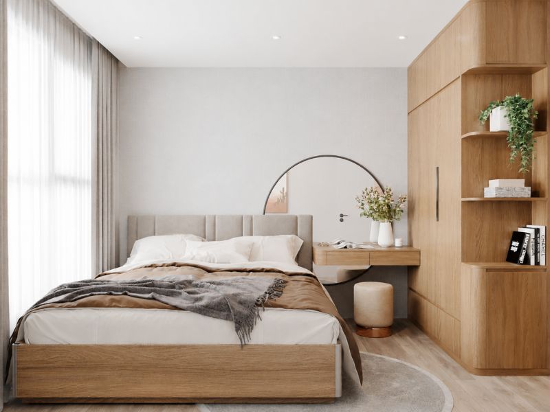 thiết kế nội thất phòng ngủ chung cư hiện đại tối giản gỗ sáng 