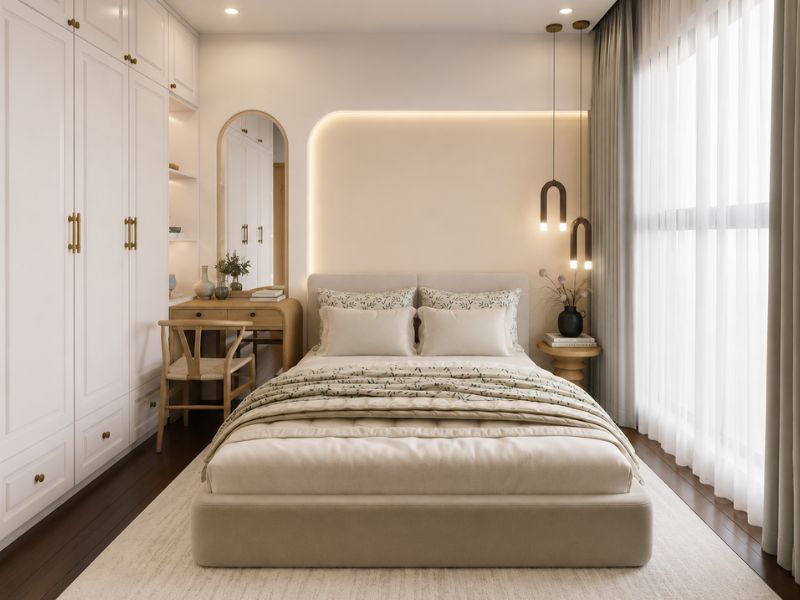 thiết kế nội thất phòng ngủ master chung cư 55m2 2 phòng ngủ