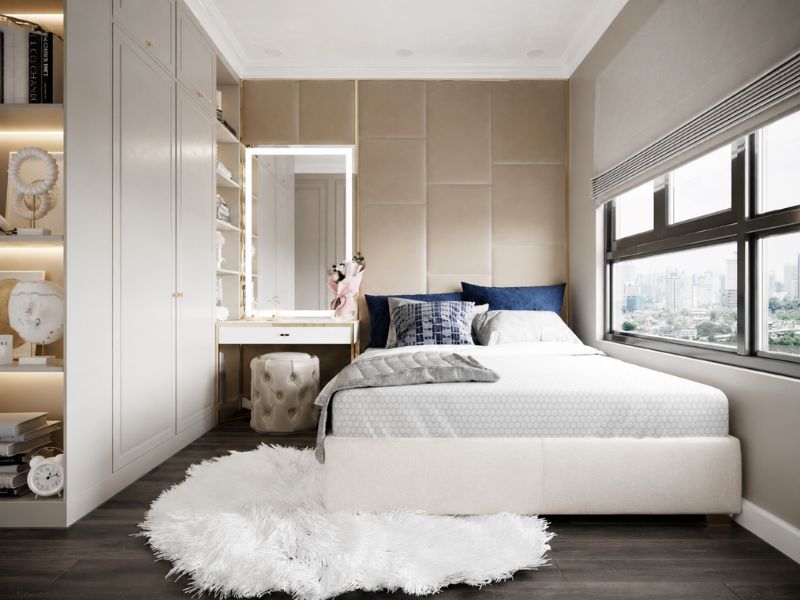 thiết kế nội thất phòng ngủ phụ căn hộ 85m2 giường đôi trẻ trung