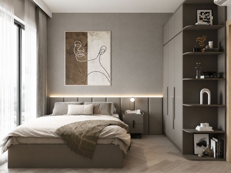 thiết kế nội thất phòng ngủ phụ chung cư 90m2 giường ngủ tối giản