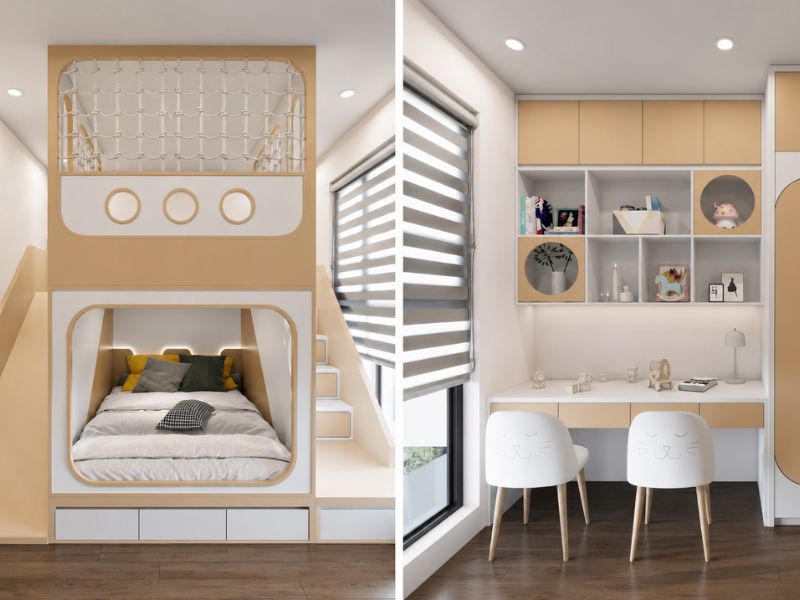 thiết kế nội thất phòng trẻ em chung cư 55m2 2 phòng ngủ đa năng