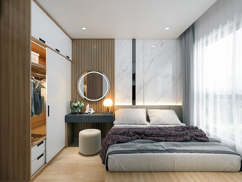 Mẫu nội thất phòng ngủ chung cư 10m² với bàn trang điểm gương tròn và tủ áo góc tường 