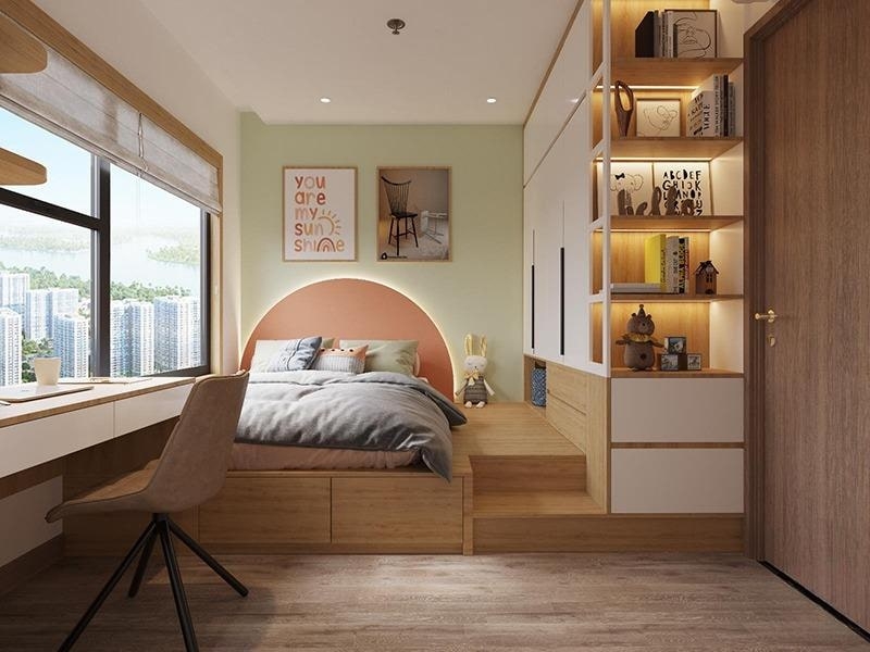 Mẫu nội thất phòng ngủ chung cư 10m² với đầu giường bo tròn cam đất và bậc thềm gỗ 