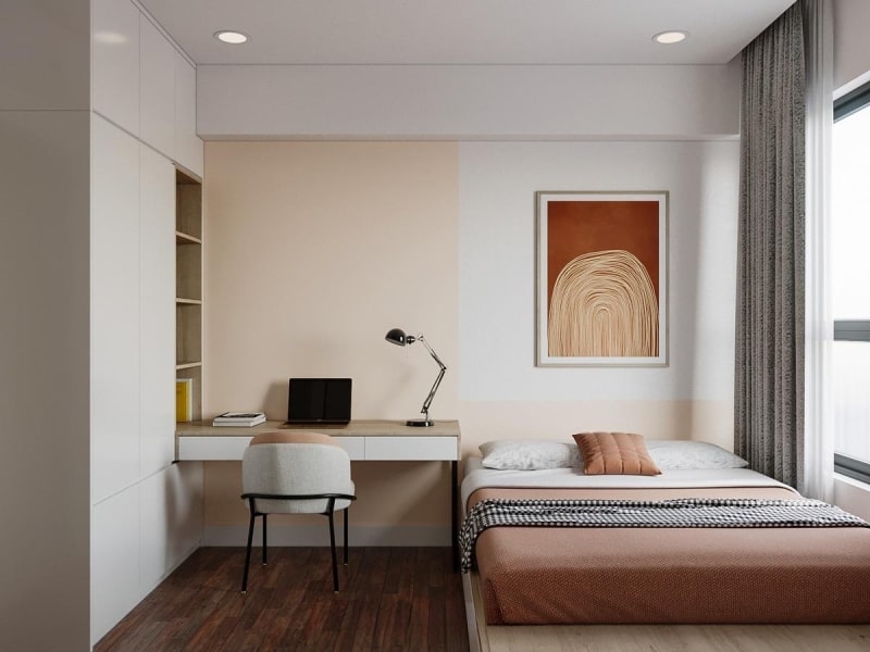 Mẫu nội thất phòng ngủ chung cư 10m² với tường bo cong xanh rêu và gối vàng chăn navy 