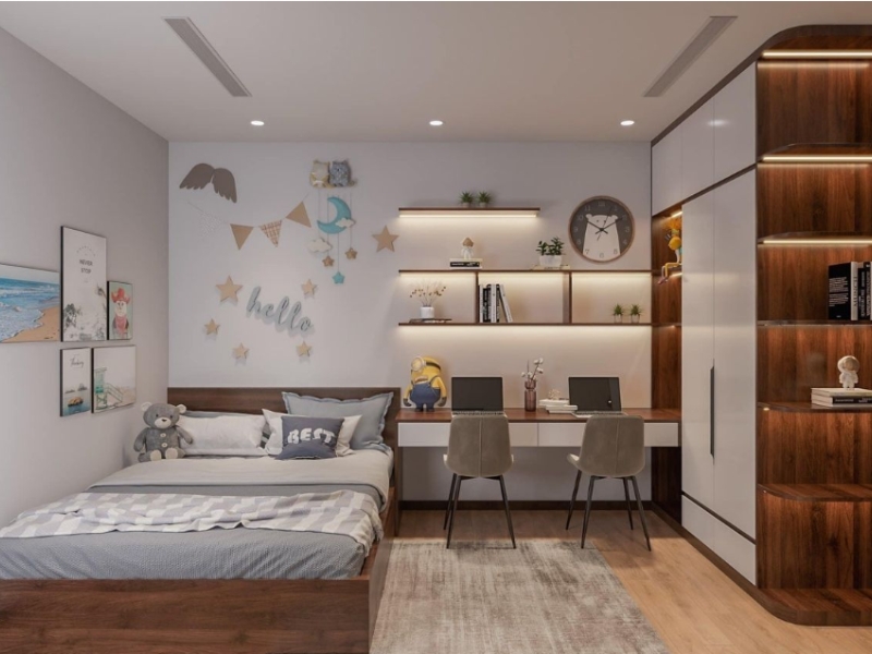 Mẫu thiết kế nội thất phòng ngủ chung cư 12m² với bàn học đôi và tủ gỗ góc bo cong 