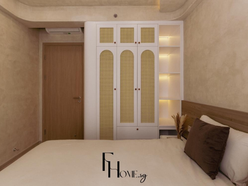 Nội thất phòng ngủ Wabi Sabi Lumière Boulevard 74m² với tủ mây đan