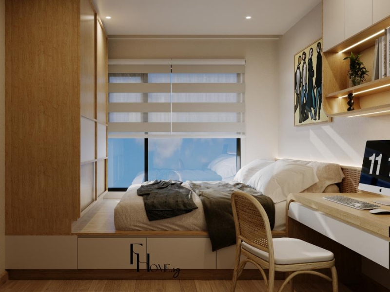 Phòng ngủ cho con tại Vinhomes Grand Park có bàn học cạnh giường bục