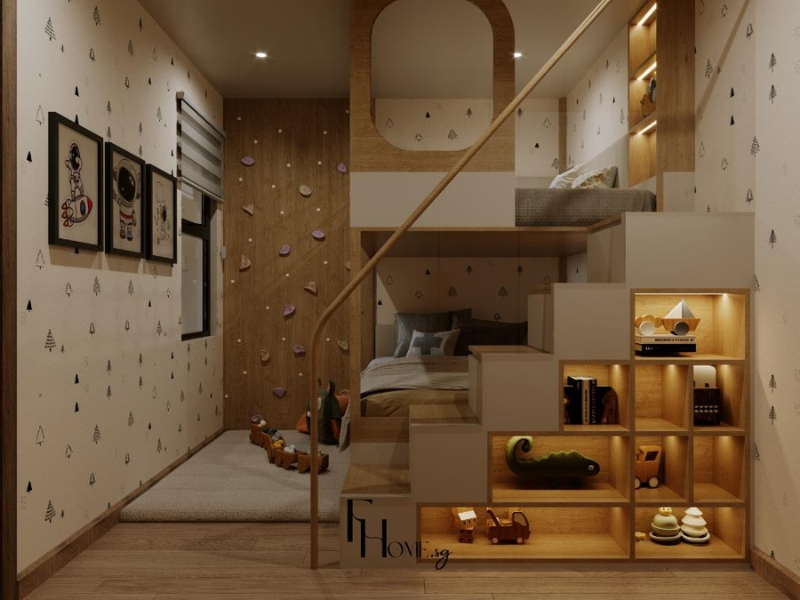 Phòng ngủ trẻ em Vinhomes Grand Park với giường thấp và tủ cao liền kệ