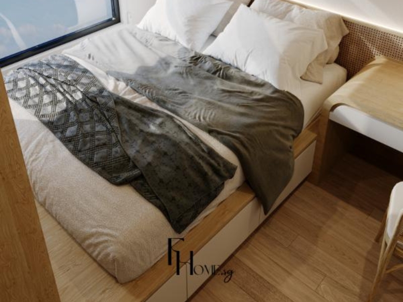 Phòng ngủ cho con tại Vinhomes Grand Park với giường bục có hộc kéo