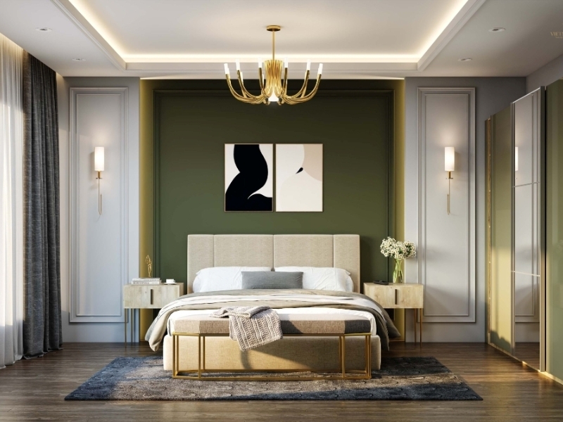 Phòng ngủ chung cư 20m² cho vợ chồng với ghế băng cuối giường