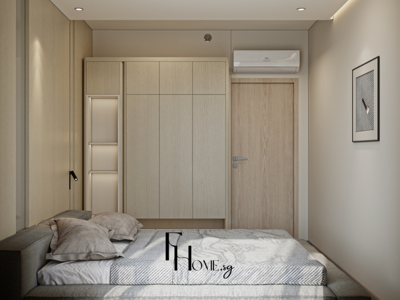 Phòng ngủ Masterise Centre Point có tủ áo liền bàn