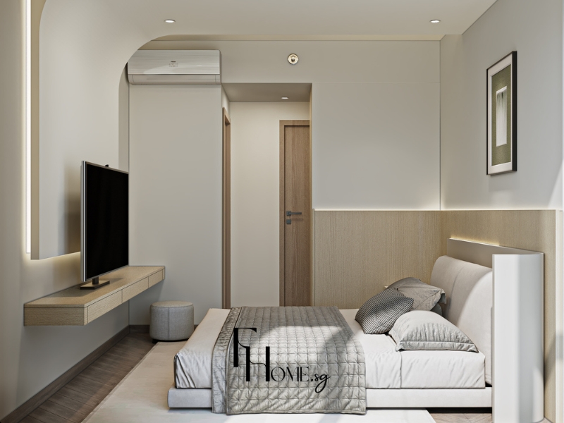 Thiết kế phòng ngủ Masterise Centre Point có kệ tivi treo tường