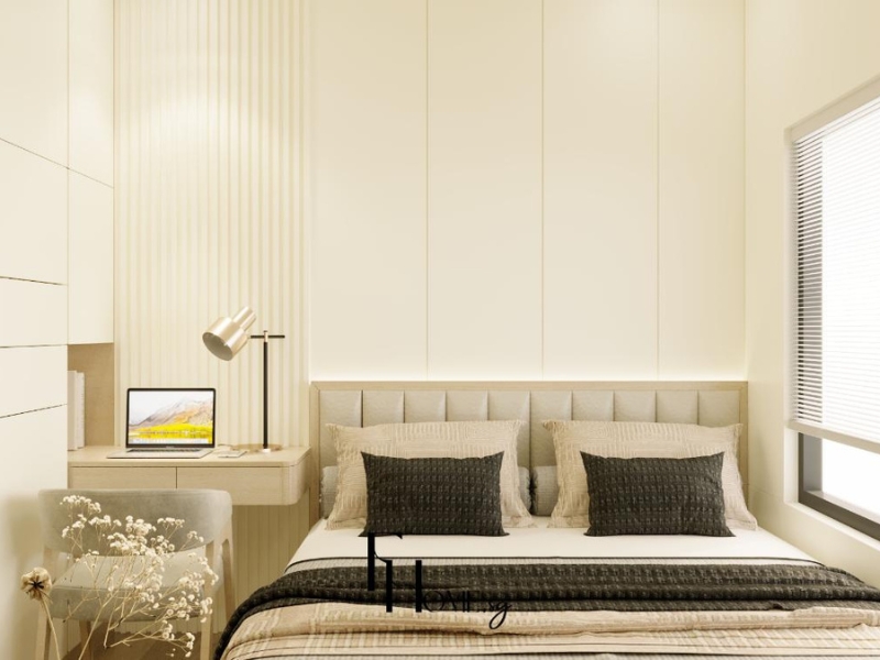 Phòng ngủ Vinhomes Grand Park 70m² có giường đôi cạnh cửa sổ