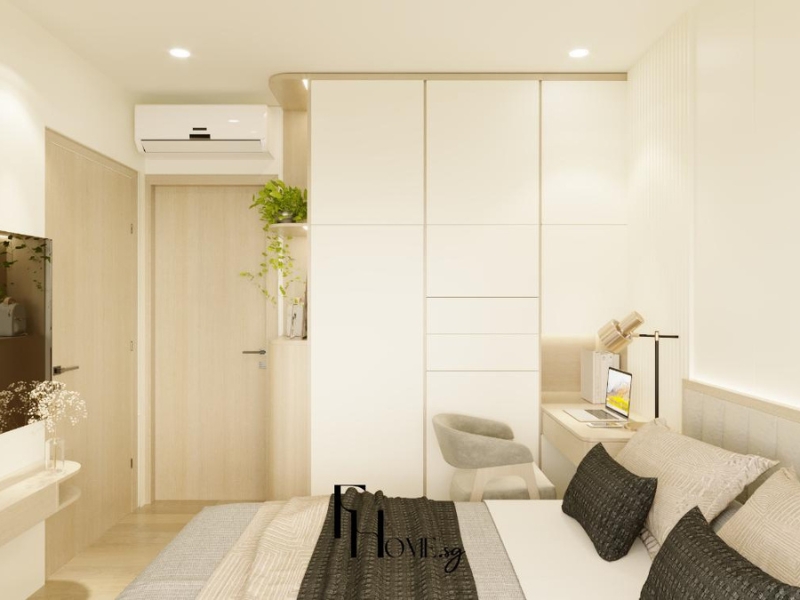 Phòng ngủ Vinhomes Grand Park 70m² có tủ áo kịch trần liền bàn làm việc và ghế nhung xám