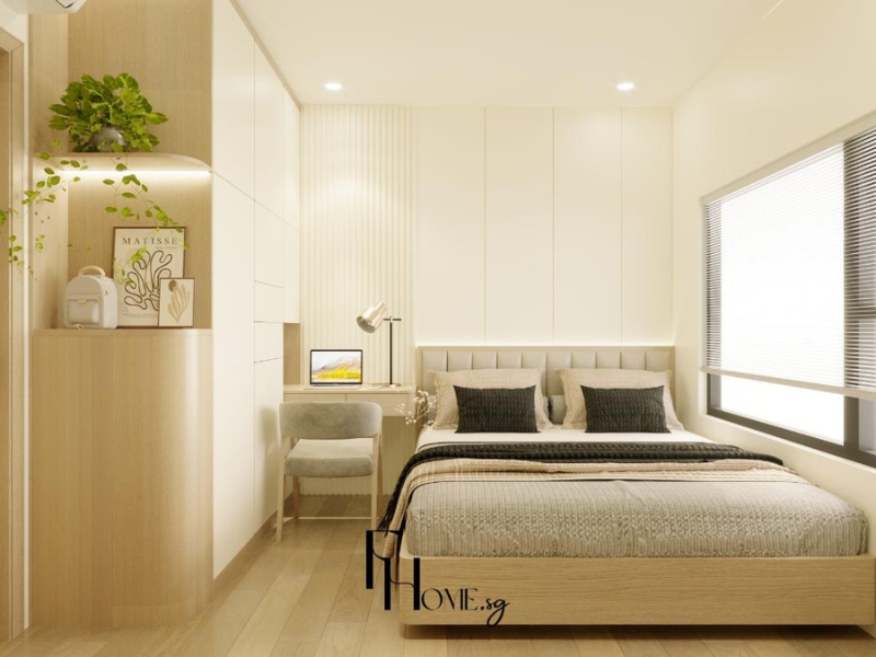 Mẫu phòng ngủ Vinhomes Grand Park 70m² phong cách hiện đại với tủ áo liền bàn làm việc