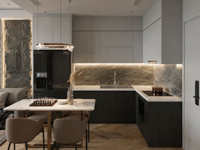 thiết kế nội thất căn hộ chung cư phòng bếp chữ L tông màu tối sang trọng đá marble