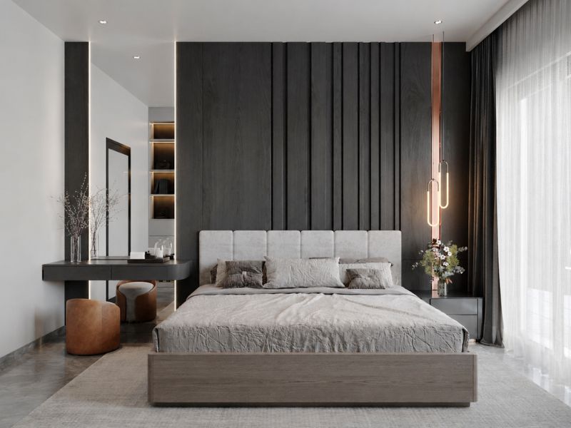 thiết kế nội thất chung cư phòng ngủ chính hiện đại tông xám sang trọng