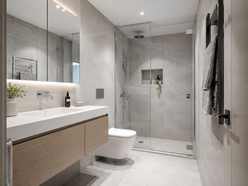 thiết kế nội thất nhà tắm chung cư tối giản phòng tắm kính và lavabo treo