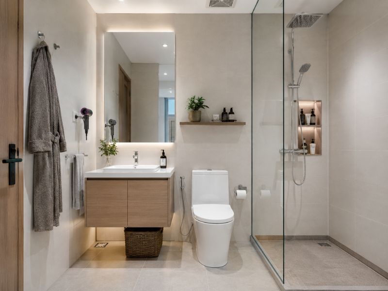 thiết kế nội thất nhà tắm chung cư tông sáng gỗ kính phòng tắm 