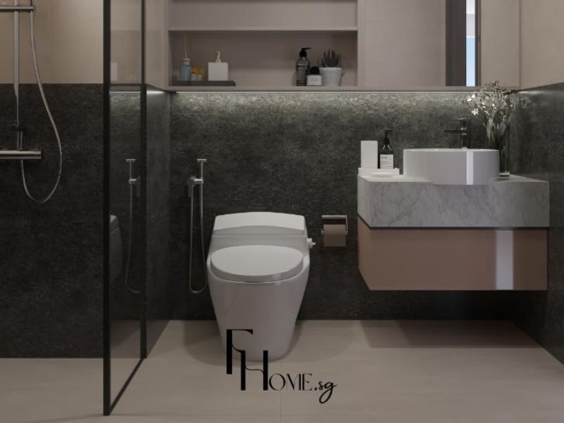 thiết kế nội thất nhà tắm chung cư tông tối đá xám sang trọng
